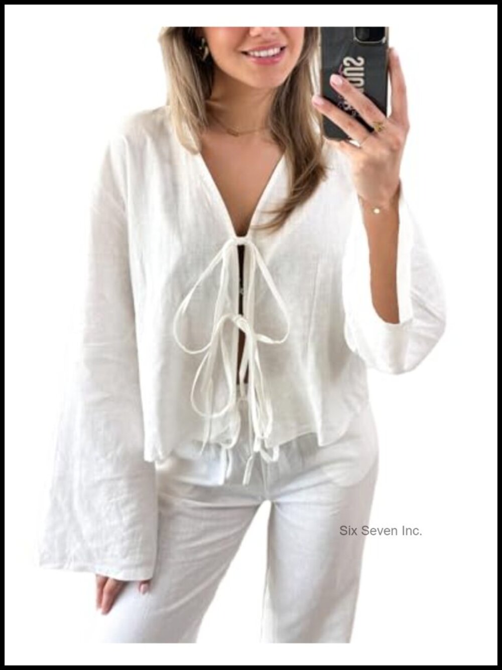 Cotton Linen Tie Front Blouse Flare Sleeve V-Neck Casual Top